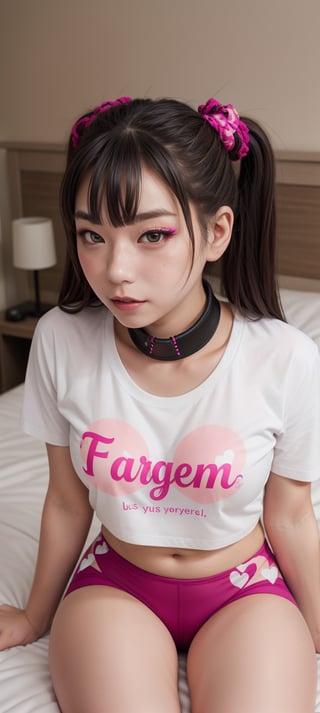 1girl, japanese, 19yo,bratty sister,after excercising,thick_legs,(magenta bikeshorts,hearts,pattern_clothing, long anime-ahegao-face tshirt top:1.2), (UWU),hyper realistic,disappointed,(long,twin_tails, Black_Hair),freckles,grey eyes,chocker,side pose but looking at camera,bokeh,cute uwu girls room,seductively sitting on edge of bed,leg_grab,viewed from above,pink eyeliner,amblyopia,intense-gaze,thunder_thighs,douyin_makeup,small_breasts,tying_hair,japanese_text,pov_eye_contact,