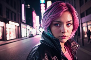 A lady with a cute face, and sleepy beautiful eyes, wearing a black jacket, bright-colored neon pink hair, cyberpunk, outdoor, street, photorealistic