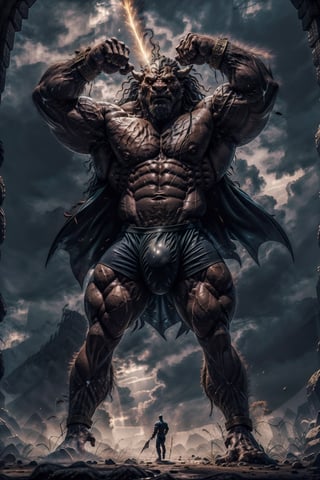 still from a fantasy movie of,  a 50yo beefy male,  a robust, wild-looking, with a mane of tousled hair cascading down to his shoulders,  adorned with feathers,  bearded, rugged appearance. Muscular, bronze tan skin, hyper detailed skin,  gloss skin,  dark tan skin,  gloss skin,  hyper realistic skin,  big nipples,  hardened nipples,  roundy nipples,  erect nipples,  (highly detailed reslistic photo),  ((an extremely musculine and handsome)),  cinematic light,  ((realistic hair)),  (standing),  (bulge focus), with a few scars, high fantasy,  handsome,  thick lips,  natural light,  dynamic pose,  bulge, large pectorals,  flowing white cape, ripped cape, flaccid, erection, (extra large bulge:2.0),  gigantic thick thighs,  (((ultra big bulge))),  intricate,  elegant,  erotic,  exuding sexual energy,  homoerotic,  sharp focus,  soft lighting,  flaccid,  cum_dripping,  cum_filled,  white_cum,  big_thighs,  thick_cum,  stick_cum,  slimy_cum,  male,  man,  Wet Bulge,  bulge, saggy testicles, sagging_balls,hanfulolita,ActionFigureQuiron style