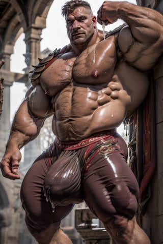 still from a fantasy movie of,  a 50yo beefy male,  wearing extravagant,  shiny decorated armour,  high fantasy,  handsome,  thick lips,  natural light,  dynamic pose, imperial guard, large pectorals, flowing white cape,  showing cock, ultra realistic cock, hyperdetailed cock,  large penis,  saggy testicles, hyperdetailed testicles,  (extra large bulge:1.8),  gigantic thick thighs,  (((ultra big bulge))), large penis, hyper realistic skin,  hyper detailed nipples,  very big nipples,  hard nipples,  roundy nipples,  erect nipples, hyperdetailed nipples, hyper realistic nipples,  (highly detailed reslistic photo),  ((an extremely musculine and handsome)),  ((realistic hair)),  (standing),  (bulge focus), cum_dripping,  cum_filled,  white_cum,  big_thighs,  thick_cum,  stick_cum,  slimy_cum, highest detailed,  Sexy Muscular,  dynamic pose,  (looking at viewer),  heroic,  detailed realistic open eyes,  dark tan glowing skin,  glossy skin,  leaning,  dimly lit,  muscular,  bodybuilder,  large muscles,  hyperrealistic muscles,  hyperrealistic veins,  hyperdetailed muscles,  hyperdetailed veins,  cinematic light,ActionFigureQuiron style