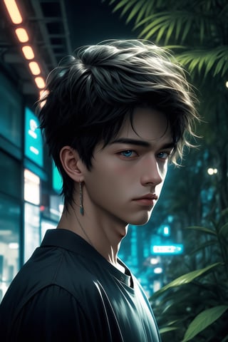 1boy, Upper body portrait, anime coloring, cinematic light, Neon Theme, jungle background, Best quality, masterpiece, Add more details, ,midjourney, semirealistic, SHIRT,Niji,1guy,perfect light
