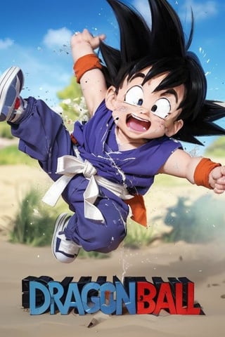 Little goku, Dragonball , Jump, purple cloth,  red wistband,  realistic, detail, accurate, Best Quality, (Ultra-detailed), (8K, Raw photo:1.2),Best Quality, 超A high resolution, Highly detailed ,intricate detailes ,mastepiece, Soft cinematic light, Hyper-detailing