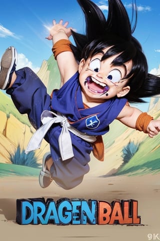 Little goku, Dragonball , Jump, purple cloth,  red wistband,  big eyes, white teeth, realistic, detail, accurate, Best Quality, (Ultra-detailed), (8K, Raw photo:1.2),Best Quality, 超A high resolution, Highly detailed ,intricate detailes ,mastepiece, Soft cinematic light, Hyper-detailing. 