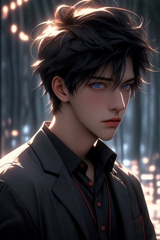 1boy, handsome boy, Upper body portrait, anime coloring, cinematic light, Neon Theme, jungle background, Best quality, masterpiece, Add more details, HD,8K,midjourney, semirealistic, SHIRT,Niji,