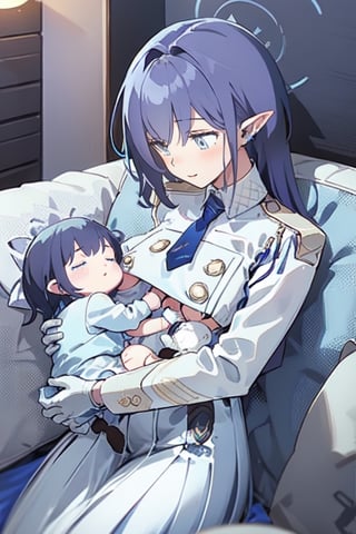 HD, 4K, darkblue_hair, hair_accessories, hair_ornament,1girl, female, (tiny_breasts:0.6), white thighhighs, light_blue_eyes, gold jewelry, white elbow gloves, white_body, crop_top_dress, perfect anatomy, solo, BFMother, person holding baby, person and baby motherly, sofa, living, long hair, perfect_body, pantyhose, infant, (AddNet Weight 1:1.0) , happiness!,  sleeping_baby, Aoi