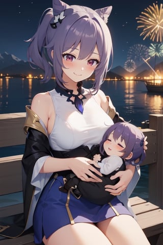 HD, 4K, 2D, highres, (small_breasts:1.2), hair, short_hair, eyes, 1girl, female, solo, perfect anatomy, BFMother, person holding baby, person and baby motherly, mountainview,fireworks ,perfect_body, infant, (AddNet Weight 1:1.0) , happiness!, sleeping_baby,(pregnancy:0.2), hair_accessories, hair_ornament ,smile, blush, ponytail, (lora:nahida1-000010:1),nahidadef,purple costume, purple hair, red_eyes