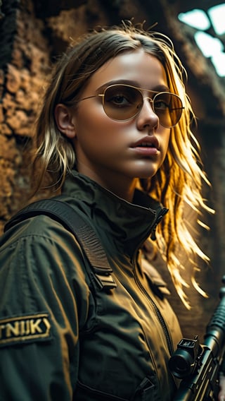 Two 13 year girls (One blond, one brunett) wearing black and gold combat vaultsuits hiding in ruins with guns.  One girl in front aiming a sniper rifle  one girl with brown hair behind her watching wearing sunglasess.  Vault suits are torn and partially open at the front revealing some breast. high quality, best quality, 4k, 8k, hi resolution, very young girl, young face, cute, beautiful, . photorealistic,cinematic, dark, moody light,Young girl,realistic,Young Girl,photorealistic