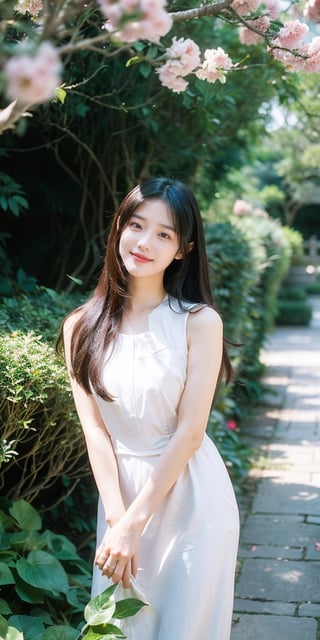 A graceful and beautiful Chinese girl in her twenties, exuding elegance and charm, with delicate features, wearing simple and stylish attire, long hair flowing, smiling in an elegant garden setting surrounded by lush greenery and blooming flowers. This high-quality image captures her natural beauty and grace, perfect for projects related to beauty, nature, or serenity. The shot showcases the girl's timeless beauty in a tranquil and picturesque garden.

