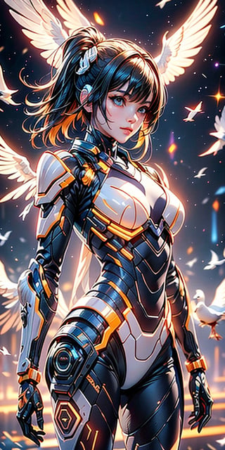 The artwork is a photorealistic digital illustration possibly by a contemporary artist. The composition features a female cyborg in a detailed white and gold exoskeleton suit with visible mechanical parts. The subject stands gracefully amidst a dynamic space background, highlighted by metallic halo-like structures, and surrounded by white doves in mid-flight, symbolizing peace and purity. The cyborg’s skin is seamlessly integrated with the mechanical components, creating a striking blend of human and machine. The detailing of the cyborg's intricate mechanical parts contrasts with the softness of the doves, set against a dark, starry backdrop dotted with planets, imparting a futuristic yet harmonious ambiance.