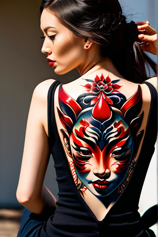 Generate hyper realistic image of a woman with an intricate and vibrant full-back tattoo. The woman is shown from behind, seated and leaning slightly to one side, allowing a clear view of her entire back. Her hair is straight and dark, falling around her shoulders. The tattoo covers her entire back. The central feature of the tattoo is a large Hannya mask. The mask has a fierce, angry expression with sharp teeth, depicted in vivid red and contrasting dark shades. The tattoo features rich, deep colors with intricate shading. he woman's hair is straight and dark, and it frames the tattoo.
