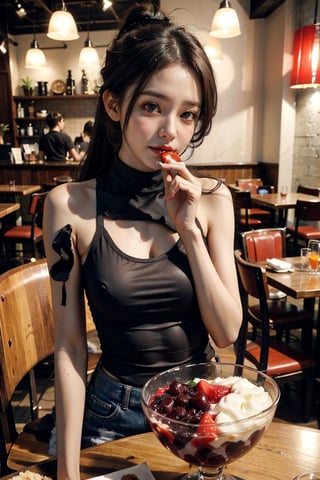 A ponytail hair style cute glamorous girl wearing a sexy red tank top, is eating bingsu in the cafe ,little_cute_girl

