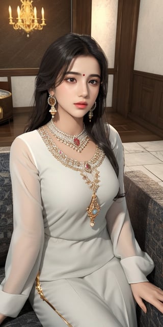 beautiful cute young attractive girl indian, teenage girl, village girl,18 year old,cute, instagram model,long black hair . Imagine a Pakistani woman wearing a stunning white shalwar kameez, reclining gracefully in a lavish hotel lobby, her confidence evident in her posture, her chest subtly accentuated, adorned with intricate jewelry and elegant earrings, 3D rendering, focusing on lifelike textures and lighting effects, --ar 16:9 --v 5