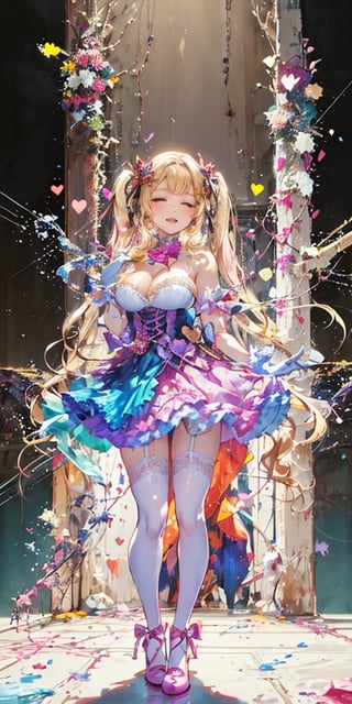 winking , happy, (Masterpiece), full body shot, best quality, high resolution, highly detailed, detailed background, movie lighting, 1girl, ((She has blonde long hair, heart-shaped twintails, large breasts, cleavage 2.0)), blue eyes, idol, light pink idol clothes, underbust, stage, microphone , stage lights, music, blush, heavy breathing, sweat, concert,(( frilly gloves, frilly skirt, frilly shose 2.0)), ruffles, confetti, hearts, hair accessories, hair bows, gems, jewelry, neon lights , bow tie , pointing, spotlight, sparkles, light particles, frame breasts, cross lace,girl,hmnl
