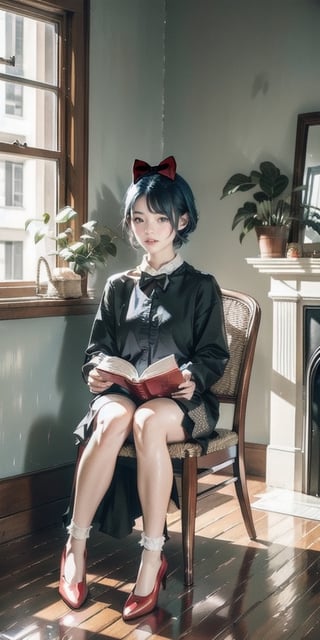 1girl, solo, short hair, black hair, dress, bow, ((detailed interior)), sitting, full body, hair bow, food, shoes, socks, red bow, book, chair, plant, white socks, red footwear, open book, realistic, apple, basket, reading, kiki \(majo no takkyuubin\),dream_girl
