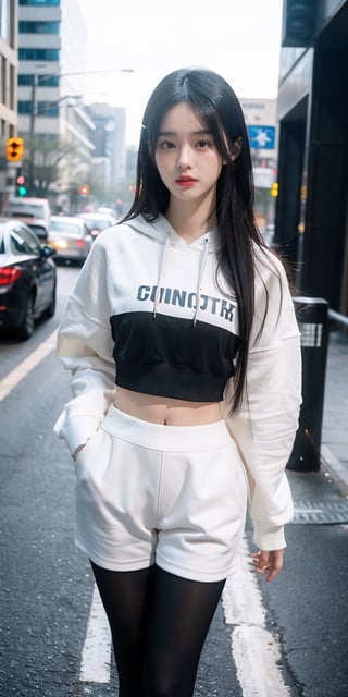 best quality, masterpiece, wearing leggings and a crop top hoodie, cameltoe, (thigh thigh gap 1.1), slim, petite, detailed facial features, detailed, symmetry, cinematic lighting, cameltoe, jujingyi, molika, yunv,
