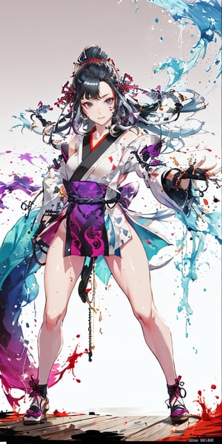 {[(8K quality image), (full body), (ultra quality image), (ultra detailed image), (perfect body), (super detailed)]}, Woman samurai, long black hair, reddish brown eyes, defined body, combat stance, serious face, psychedelic setting, sexy woman, xogun age

