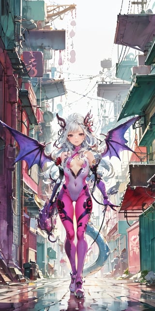 {{master piece}},best quality,illustration,1girl,small breast,beatiful detailed eyes,beatiful detailed cyberpunk city,flat_chest,beatiful detailed hair,wavy hair,beatiful detailed steet,mecha clothes,robot girl,cool movement,sliver bodysuit,sexy, filigree},dargon wings,colorful background,a dragon  stands behind the girl,rainy days,{lightning effect},beatiful detailed sliver dragon arnour,（cold face）
