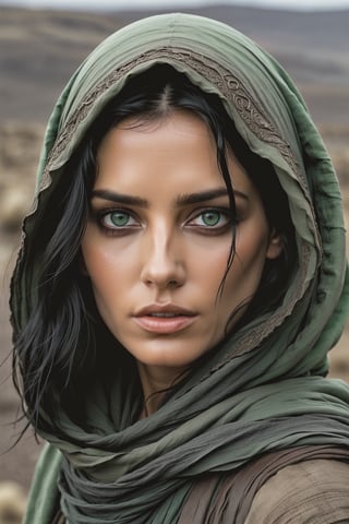 A woman with raven black hair, green eyes and covered in dirt, wearing rags, escaped from a dungeon and now wonders in a grey wasteland with other people also in rags. Sunken eyes, Lord of the Rings, Tolkien, Hillmen, Dunlending