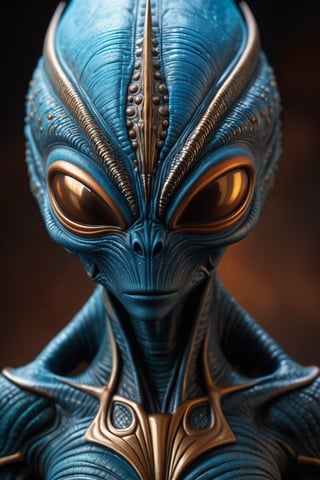 Close-up photo of a alien with sharp spikes, art of alien, John Carter creature, in the style of textured illustrations, dark gray and bronze, online sculpture, naoto hattori, dark sky-blue and orange, intense close-ups, Alien race. Alien race for future Star Wars movie