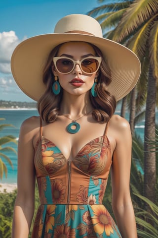 Hyper realistic, beautiful, funny, high fashion model, high heels, sandals, hats, sunglasses, Cool sun dresses, 1960s retro futuristic, boho whimsical hippie in the style of American Gothic portrait. highly detailed, Super Model, Very Beautiful detailed face, in the style of Charlie Bowater, Gil Elvgren and Jack Hughes, 8k, UHD, HDR, Masterpiece, best quality