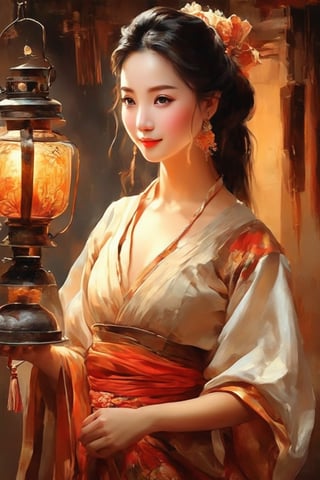 masterpiece, high quality, oil painting style, 1brown village belle, traditional curved revealing  blouse, oil lantern only source of light in room, her eyes explain a newlywed's  yearning, traditional village rope bed backdrop 