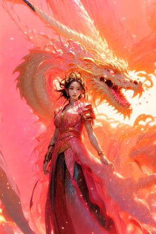 masterpiece, top quality, best quality, official art, beautiful and aesthetic:1.2), (1girl:1.3), chinese dragon, eastern dragon, golden line, (pink theme:1.4), volumetric lighting, ultra-high quality, photorealistic, sky background, daggers, 