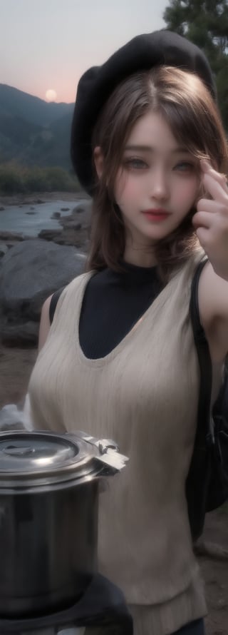 sexy lolita girl ((upper body selfie, happy)), masterpiece, best quality, ultra-detailed, solo, outdoors, (night), mountains, nature, (stars, moon) cheerful, happy, backpack, sleeping bag, camping stove, water bottle, mountain boots, gloves, sweater, hat, flashlight, forest, rocks, river, wood, smoke, shadows, contrast, clear sky, analog style (look at viewer:1.2) (skin texture) (film grain:1.3), (warm hue, warm tone:1.2), close up, cinematic light, sidelighting, ultra high res, best shadow, RAW, upper body, wearing pullover,Beauty,1girl