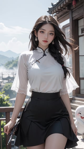 A young Korean girl wears a white tulle skirt and long wavy yellow hair, posing in an exquisite and sexy pose in the sky, holding a cyan demon knife in both hands.  Behind her are 6 Chinese female ghosts wearing white gauze and fanged faces. With Mount Emei as the background, the sky is shattering and the clouds and mist are surrounding the Korean girl. Her face is facing the camera, smiling happily, capturing the essence of Chinese martial arts and her real fair skin. A big white eagle flies in the sky.  Creative use: high resolution 32K, realistic artistic textures, dynamic motion blur,Young beauty spirit ,Best face ever in the world,milf