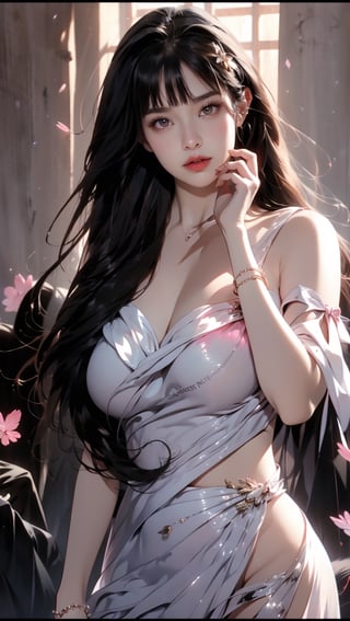 (masterpiece, top quality, best quality, official art, beautiful and aesthetic:1.2), hdr, high contrast, wideshot, 1girl, long straight black hair with blunt bangs, cheering to viewer, clearly brown eyes, longfade eyebrow, soft make up, ombre lips, hourglass body, large breast, (spring theme:1.5), finger detailed, background detailed, ambient lighting, extreme detailed, cinematic shot, realistic ilustration, (soothing tones:1.3), (hyperdetailed:1.2),1 girl,milfication
