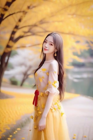 A beautiful girl from Taiwan stands under the big Arbor tree. The yellow fallen leaves are in full bloom. The yellow petals remain on the girl's body. She is smiling happily. Her real skin and delicate face are wearing a red tulle dress and gray-white wavy hair. Long hair, with a bridge and lake in the background and white smoke filling the lake