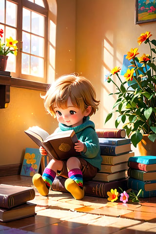 Flowers bloom bokeh background, flowers blooming, painting on the wall, books room, A heartwarming image of a young child sitting on the floor, completely engrossed in a book. The child is wearing a cozy sweater with a pair of colorful socks dangling off their feet. The book they're reading is an old, leather-bound classic with a worn leather cover and frayed edges. The room is bathed in warm, golden sunlight, creating a serene and inviting atmosphere.