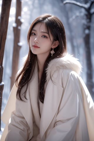 background is night,snow covered forest,wild forest,snow storm,bonfire,a hunter,
20 yo, 1 girl, beautiful korean girl,sit aside of bonfire,warm at the fire,
wearing hunter cloth(fur),cape, smile, solo, {beautiful and detailed eyes}, dark eyes, calm expression, delicate facial features, ((model pose)), Glamor body type, (dark hair:1.2), simple tiny earrings, flim grain, realhands, masterpiece, Best Quality, 16k, photorealistic, ultra-detailed, finely detailed, high resolution, perfect dynamic composition, beautiful detailed eyes, eye smile, ((nervous and embarrassed)), sharp-focus, full_body, cowboy_shot,