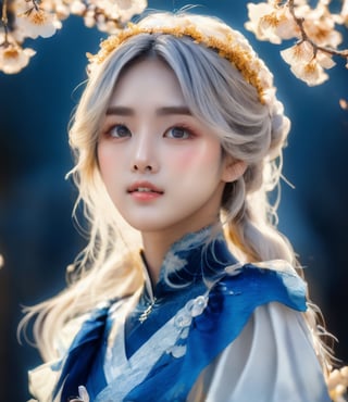 hyperrealistic, award-winning, raw photo, death knight as a 19-years-old ethereal breathtakingly glamorous japanese idol, porcelain skin tone, translucent skin texture, large eyes, detailed face, perfect face, symmetric face, DonMD34thKn1gh7XL, runeblade, photo_b00ster, glowing blue rune, ink alcohol style, medium shot, concept art, a fusion with cherry blossom,beauty,pretty girl,sangonomiya kokomi (sparkling coralbone)