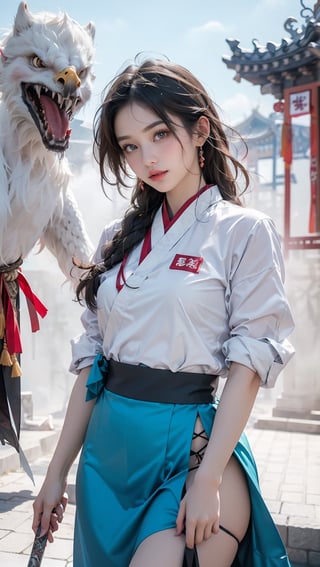 A young Korean girl wears a white tulle skirt and long wavy yellow hair, posing in an exquisite and sexy pose in the sky, holding a cyan demon knife in both hands.  Behind her are 6 Chinese female ghosts wearing white gauze and fanged faces. With Mount Emei as the background, the sky is shattering and the clouds and mist are surrounding the Korean girl. Her face is facing the camera, smiling happily, capturing the essence of Chinese martial arts and her real fair skin. A big white eagle flies in the sky.  Creative use: high resolution 32K, realistic artistic textures, dynamic motion blur,Young beauty spirit ,Best face ever in the world,milf