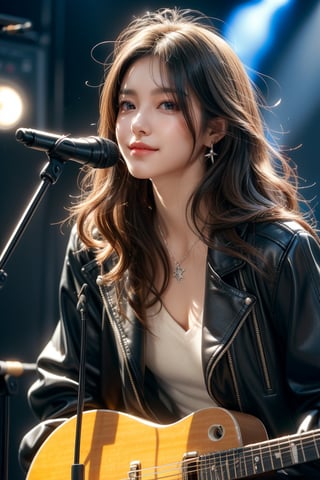 background is music stage,rock band,spot lights,
18 yo, 1 girl, beautiful korean girl, stanging on stage, holding an electric guitar, wearing black bike jacket,
happy smile,solo, {beautiful and detailed eyes}, dark eyes, calm expression, delicate facial features, ((model pose)), Glamor body type, (dark hair:1.2),very long hair,curly hair,hair_past_waist,
simple tiny necklace,simple tiny earrings, flim grain, realhands, masterpiece, Best Quality, 16k, photorealistic, ultra-detailed, finely detailed, high resolution, perfect dynamic composition, beautiful detailed eyes, eye smile, ((nervous and embarrassed)), sharp-focus, full_body, cowboy_shot