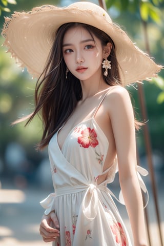 background is beach,sand,tropical forest,
20 yo, 1 girl, beautiful korean girl,standing,
wearing white simple summer dress(red flower pattern,strap),cloth flowing by wind, hold women hat with hands,smile, solo, {beautiful and detailed eyes}, dark eyes, calm expression, delicate facial features, ((model pose)), Glamor body type, (dark hair:1.2), simple tiny earrings, flim grain, realhands, masterpiece, Best Quality, 16k, photorealistic, ultra-detailed, finely detailed, high resolution, perfect dynamic composition, beautiful detailed eyes, eye smile, ((nervous and embarrassed)), sharp-focus, full_body, cowboy_shot,