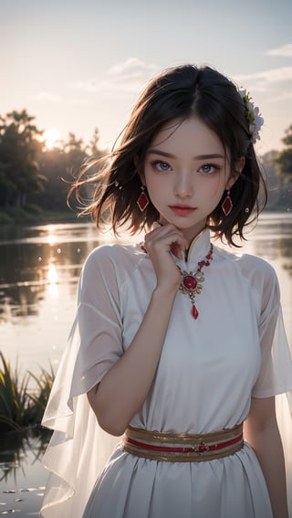 Macro photography, a Taiwanese girl, wearing ancient Miao clothes and white tulle, dancing by the river in the green grassland, surrounded by clouds and mist, raining heavily, her face full of water droplets, her moist skin, The face is covered with sweat, the whole body is soaked, the wet skin is looming, water droplets cover the whole body, the red jewelry on the head, the hands are dancing, the delicate face, the delicate skin, the blue wavy hair, the happy smile, the red sunset in the background