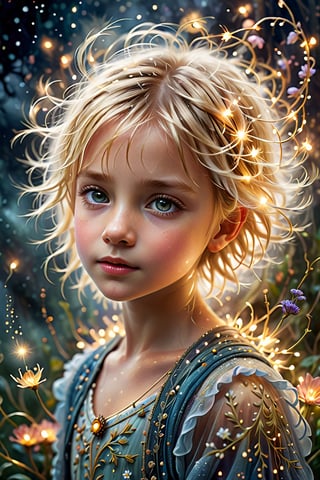 art by Mandy Disher, digital art 8k, fairytale, symbolism, dynamic poster, a beautiful 10 year old girl with short messy blonde hair, foggy night, complex background, meticulously detailed tempera portrait, stardust, sharp focus, emitting diodes, smoke,