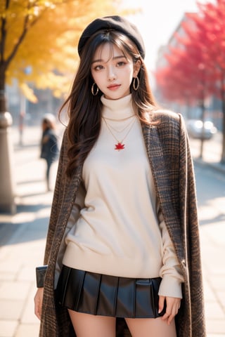background is maple grove,maple tree trail,red leaves,red leaves of maple tree,street,
18 yo, 1 girl, beautiful korean girl,wearing cape coat(dark brown check pattern),turtleneck sweater,short skirt,beret,blowing by wind,happy smile, solo, {beautiful and detailed eyes}, dark eyes, calm expression, delicate facial features, ((model pose)), Glamor body type, (dark hair:1.2), simple tiny earrings, simple tiny necklace,bangs, flim grain, realhands, masterpiece, Best Quality, 16k, photorealistic, ultra-detailed, finely detailed, high resolution, perfect dynamic composition, beautiful detailed eyes, eye smile, ((nervous and embarrassed)), sharp-focus, full_body, cowboy_shot,
