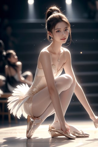 background is stage,ballet, a spot light,Le lac des cygnes,Swan Lake,The Ballet Called Swan Lake,
18 yo, 1 girl, beautiful korean girl,pretty ballerina,wearing suits for ballet,tights,ballerina shoes,pointe shoes,happy smile, solo, {beautiful and detailed eyes}, dark eyes, calm expression, delicate facial features, ((model pose)), Glamor body type, (dark hair:1.2), simple tiny earrings, simple tiny necklace,chignon,ponytail, flim grain, realhands, masterpiece, Best Quality, 16k, photorealistic, ultra-detailed, finely detailed, high resolution, perfect dynamic composition, beautiful detailed eyes, eye smile, ((nervous and embarrassed)), sharp-focus, full_body, cowboy_shot,