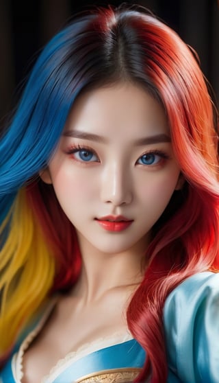 (Masterpiece, top quality, beauty and aesthetics: 1.2), high contrast, wide lens, Korean girl girl, Korean girl real skin, very long wavy blue yellow hair, looking at the viewer, obvious blue shining eyes , long rice-colored eyebrows, soft makeup, a model with a 36D cup and a big cleavage body, real skin, red lips with a gradient smile, delicate tulle, and a blue-red copper sword in hand (Korean wave clothing theme: 1.5), Finger details, martial arts novel background details, ambient lighting, photo lenses, realistic art illustrations, (soothing tones: 1.3),1 girl,Young beauty spirit ,Ancient costume,xuer martial arts