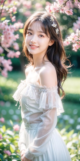 Best quality, masterpiece, ultra high res, (photorealistic:1.4), raw photo, 1girl, white dress, off shoulder, blossom flower field, glowing skin, light smile