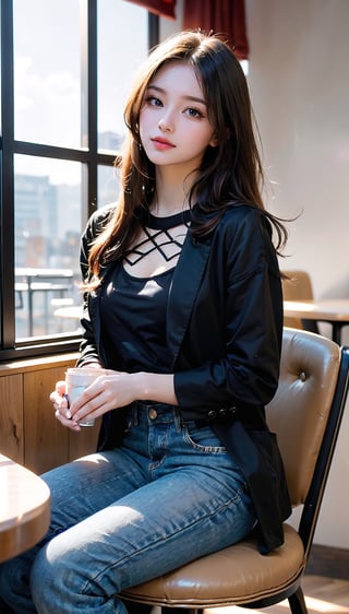 (((masterpiece))), top quality, (beautiful and delicate girl), beautiful and delicate light, (beautiful and delicate eyes), mysterious smile, (brown eyes), (dark black long hair), medium chest, female 1 , (front shot) , Korean, soft expression, tall, jacket, patterned t-shirt, jeans, sneakers, (cafe with a clear view of the outside through full glass), (man and woman sitting by the window drinking coffee), cozy lighting, The overall structure of the cafe is visible, and the lovers' figures can be seen in the distance.,Extremely Realistic,yuk0, 
