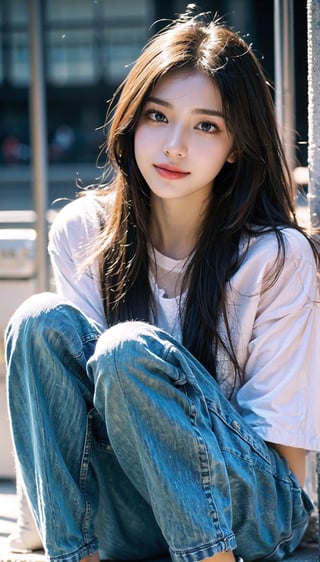 (((masterpiece))), top quality, (beautiful and delicate girl), beautiful and delicate light, (beautiful and delicate eyes), mysterious smile, (brown eyes), (dark black long hair), medium breasts, female 1 , frontal shot , Korean, soft expression, tall, jacket, patterned t-shirt, jeans, sneakers,