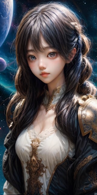 cute korean large-eyed girl, long pigtail, A silhouette of a calm giant girl face, wearing nebula armor, is suspended in the air against a backdrop filled with nebula, 
masterpiece, best Quality, Tyndall effect, good composition, highly details, warm soft light, three-dimensional lighting, volume lighting, Film lighting, cinematic lighting

,