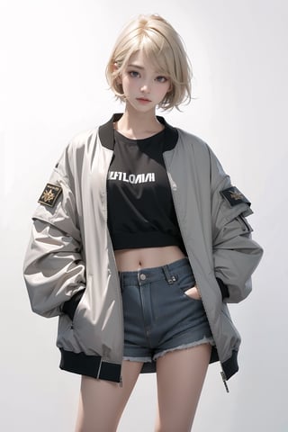 Best quality, masterpiece, ultra high res, (photorealistic:1.4), raw photo, korea girl 22 year old, blond sleek pixie shorts hair style, wearing oversize black jacket bomber m1, shorts bluejeans, white sneaker, solid grey background,