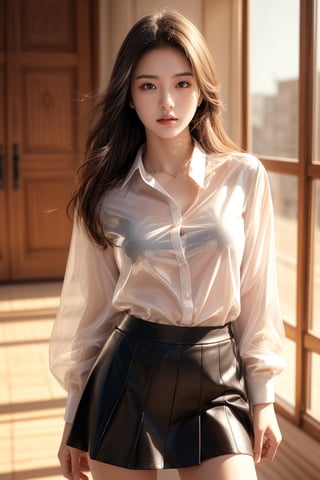 high school student,girl,wearing transparent collared shirts and short skirt,Best Quality, 32k, photorealistic, ultra-detailed, finely detailed, high resolution, perfect dynamic composition, beautiful detailed eyes, sharp-focus, cowboy_shot, 