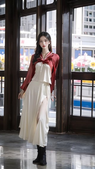 ((full body shot):1.3) with low angle, award-winning photography, hyperrealism, detailed face, symmetric face, bright eyes, glamorous v-shaped face, Chrysanthemum personification, an ethereal breathtakingly beautiful 17-years-old japanese girl in hanfu, exquisite hanfu attire, 1girl walking in a business district, perfect model body, translucent appearance, pronounced facial features, hasselbald 503CW, LinkGirl