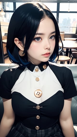 1girl, (black shirt, black pleated skirt),( short hair), (blue hair),((gigant breasts:1.2)),(upper_body),close_up,Ear loop highlights,sitting sofa,in the coffee shop,cafe,(suprised:1.5),angry,looking_at_viewer,((partially unbuttoned:1.2)),(button gap:1.5),bra visible through clothes,(open clothes),




,1 girl,Double exposure, real person, color splash style photo,