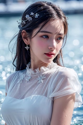 (best quality,  masterpiece:1.2), ultra detailed, (photo realistic:1.4), solo, cute girl, see-through white ruffle dress, snow_crystal_background,illumination_flower_background,diving_the_water_background,snow_crystal_background